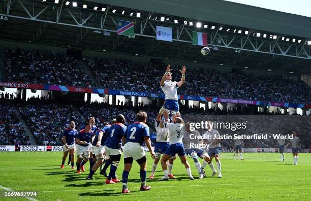 Federico Ruzza of Italy wins the line out during the Rugby World Cup France 2023 match between Italy and Namibia at Stade Geoffroy-Guichard on...