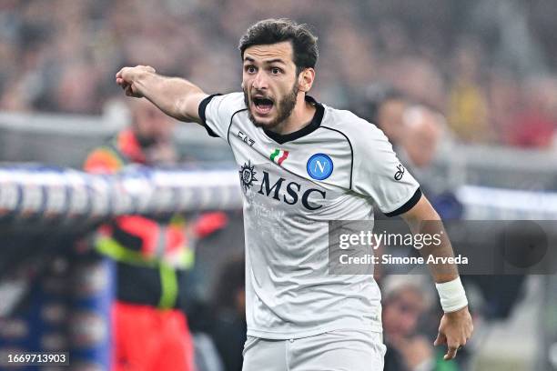 Khvicha Kvaratskhelia of Napoli reacts during the Serie A TIM match between Genoa CFC and SSC Napoli at Stadio Luigi Ferraris on September 16, 2023...