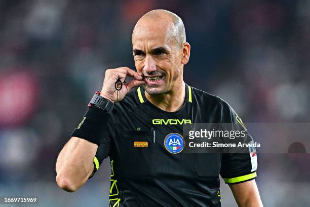 Referee Michael Fabbri reacts during the Serie A TIM match between Genoa CFC and SSC Napoli at Stadio Luigi Ferraris on September 16, 2023 in Genoa,...