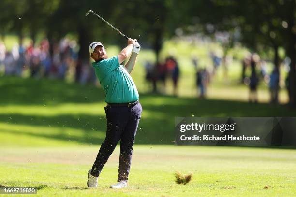 Shane Lowry of Ireland plays his second shot on the 2nd hole during Day Three of the Horizon Irish Open at The K Club on September 09, 2023 in...