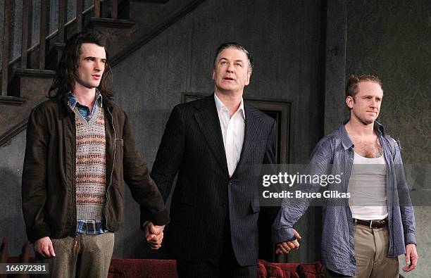 Tom Sturridge, Alec Baldwin and Ben Foster take their Opening Night curtain call for "Orphans" on Broadway at the Gerald Schoenfeld Theatre on April...