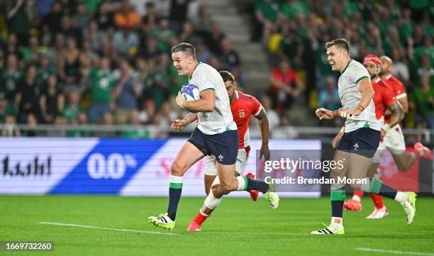 Nantes , France - 16 September 2023; Jonathan Sexton of Ireland on his way to scoring his side's fourth try to become his country's all-time record...