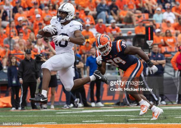 Nicholas Singleton of the Penn State Nittany Lions leaps into the end zone for a touchdown during the second half against the Illinois Fighting...