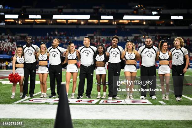 Louisville cheerleaders following a college football game between the Louisville Cardinals and Indiana Hoosiers on September 16, 2023 at Lucas Oil...