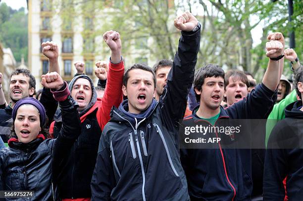 Demonstrators protest after the Ertzaintza Basque Police arrested six members of the Basque pro-independence youth organization SEGI in the northern...