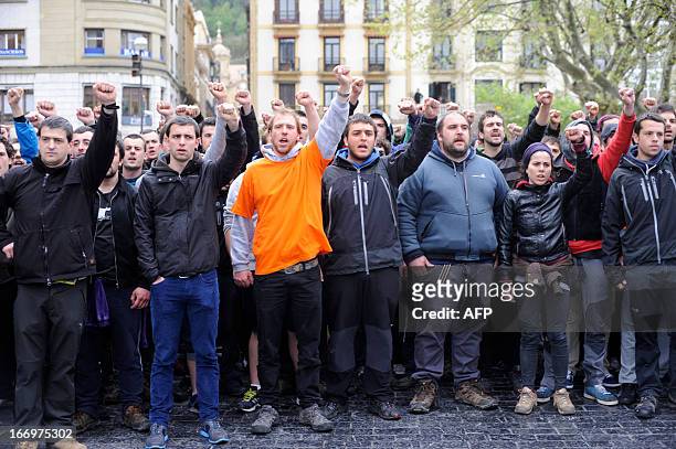 Demonstrators protest after the Ertzaintza Basque Police arrested six members of the Basque pro-independence youth organization SEGI in the northern...