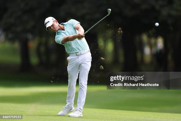 Hurly Long of Germany plays his second shot on the 2nd hole during Day Three of the Horizon Irish Open at The K Club on September 09, 2023 in...