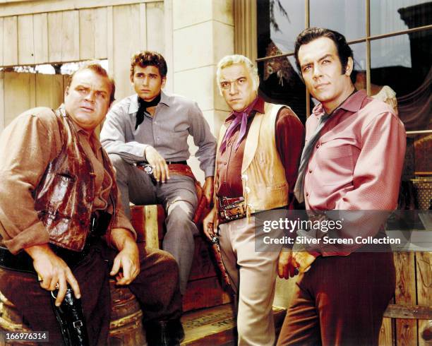 Members of the cast of the TV western series 'Bonanza', circa 1965. Left to right: Dan Blocker as Eric 'Hoss' Cartwright, Michael Landon as Joseph...