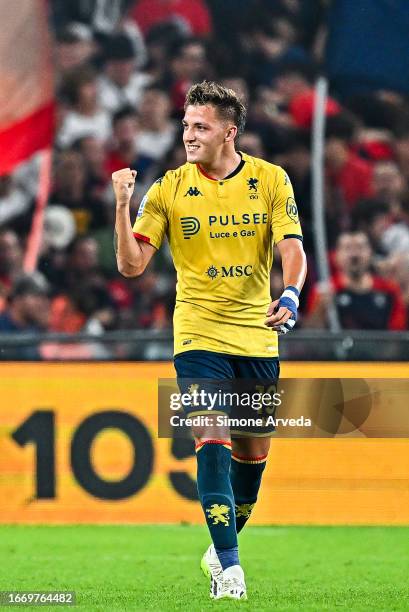 Mateo Retegui of Genoa celebrates after scoring a goal during the Serie A TIM match between Genoa CFC and SSC Napoli at Stadio Luigi Ferraris on...