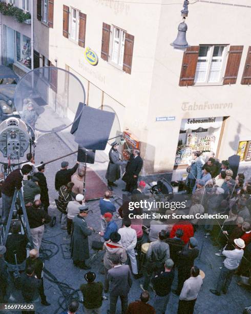 View of the set of 'The Great Escape', directed by John Sturges, 1963. The sequence being filmed is the capture of Squadron Leader Roger Bartlett by...