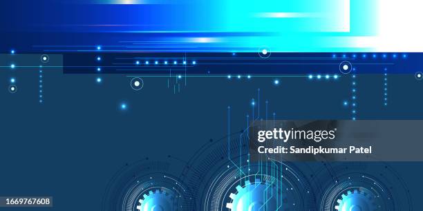 the abstract circuit board is on a blue background. hi-tech digital technology and engineering concept. - informational poster design stock illustrations