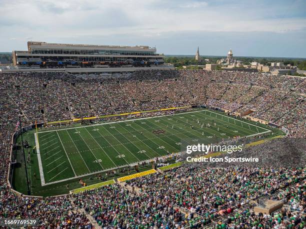 General view of Notre Dame Stadium sell out crowd during the college football game between the Central Michigan Chippewas and Notre Dame Fighting...