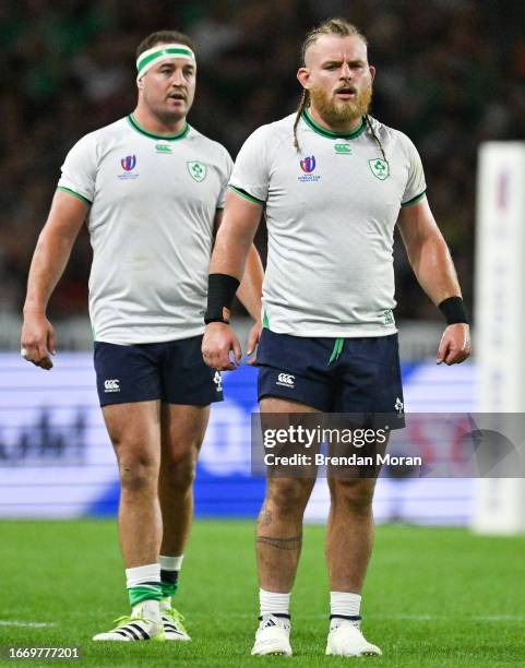 Nantes , France - 16 September 2023; Finlay Bealham, right, and Rob Herring of Ireland during the 2023 Rugby World Cup Pool B match between Ireland...