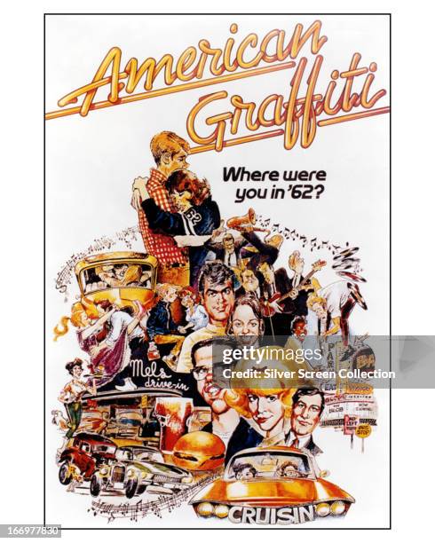 American cartoonist Mort Drucker's poster for 'American Graffiti', directed by George Lucas, 1973.