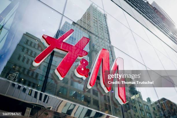 The Logo of fashion chain H&M is seen on a building on September 16, 2023 in New York City, United States.