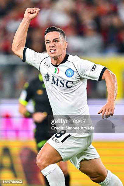 Giacomo Raspadori of Napoli celebrates after scoring a goal during the Serie A TIM match between Genoa CFC and SSC Napoli at Stadio Luigi Ferraris on...