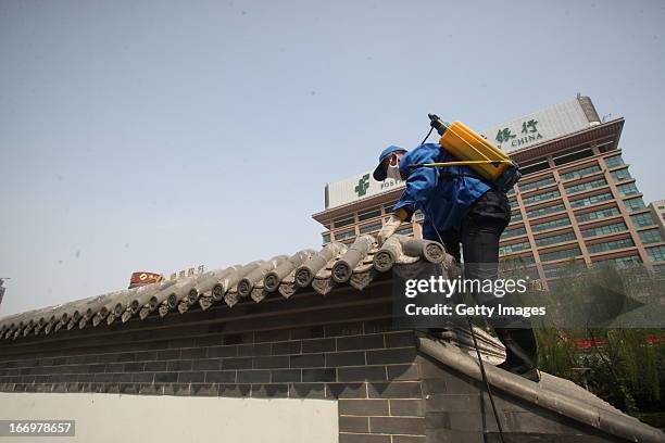 Health worker sprays disinfectant at Quancheng Square on April 18, 2013 in Jinan, China. China on Thursday confirmed five new cases of H7N9 avian...