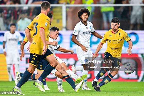 Giacomo Raspadori of Napoli scores a goal during the Serie A TIM match between Genoa CFC and SSC Napoli at Stadio Luigi Ferraris on September 16,...