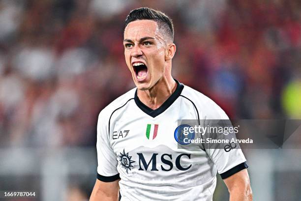 Giacomo Raspadori of Napoli celebrates after scoring a goal during the Serie A TIM match between Genoa CFC and SSC Napoli at Stadio Luigi Ferraris on...