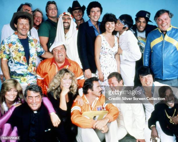 The cast of 'The Cannonball Run', directed by Hal Needham, 1981. Back row, left to right: Alfie Wise, Jack Elam , unknown, Joe Klecko, Jamie Farr,...