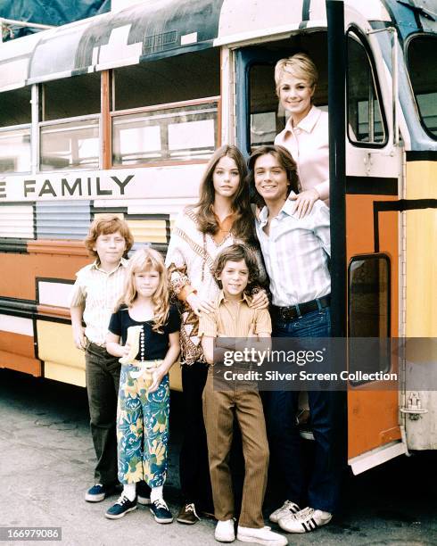 The cast of TV sitcom 'The Partridge Family', circa 1971. Clockwise, from top right: Shirley Jones, David Cassidy, Jeremy Gelbwaks, Suzanne Crough,...