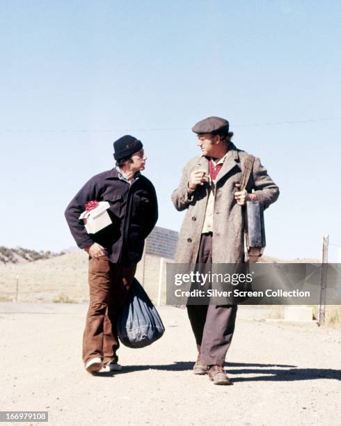 American actors Al Pacino and Gene Hackman, as Francis Lionel 'Lion' Delbuchi and Max Millan, in 'Scarecrow', directed by Jerry Schatzberg, 1973.