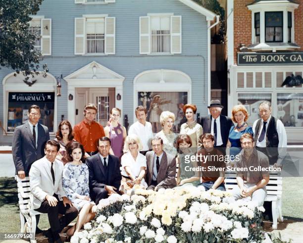 The cast of American soap opera 'Peyton Place', circa 1966. Back row, left to right: John Kerr, Lana Wood, Stephen Oliver, Leigh Taylor-Young, Gary...