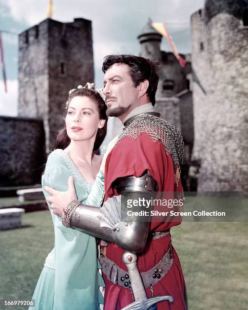 American actors Robert Taylor , as Sir Lancelot, and Ava Gardner as Queen Guinevere, in a promotional portrait for 'Knights Of The Round Table'...