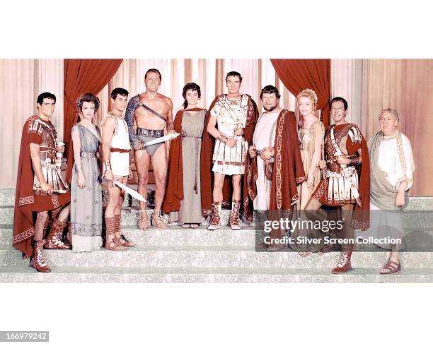 Members of the cast of 'Spartacus', directed by Stanley Kubrick, 1960. Left to right: John Gavin as Julius Caesar, Joanna Barnes as Claudia Marius,...