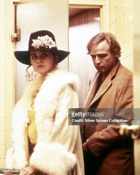 American actor Marlon Brando , as Paul, and French actress Maria Schneider as Jeanne, in 'Last Tango In Paris', directed by Bernardo Bertolucci, 1972.