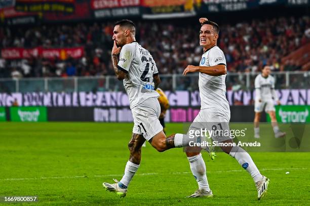Matteo Politano of Napoli celebrates with his team-mate Giacomo Raspadori after scoring a goal during the Serie A TIM match between Genoa CFC and SSC...