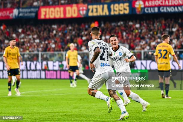 Matteo Politano of Napoli celebrates with his team-mate Giacomo Raspadori after scoring a goal during the Serie A TIM match between Genoa CFC and SSC...