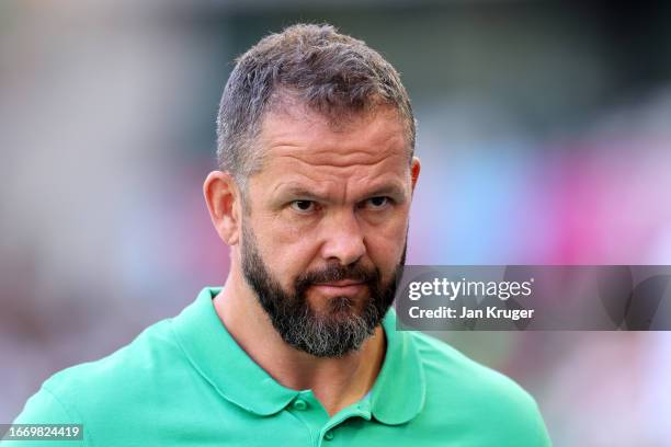 Andy Farrell, Head Coach of Ireland, looks on prior to during the Rugby World Cup France 2023 match between Ireland and Romania at Nouveau Stade de...