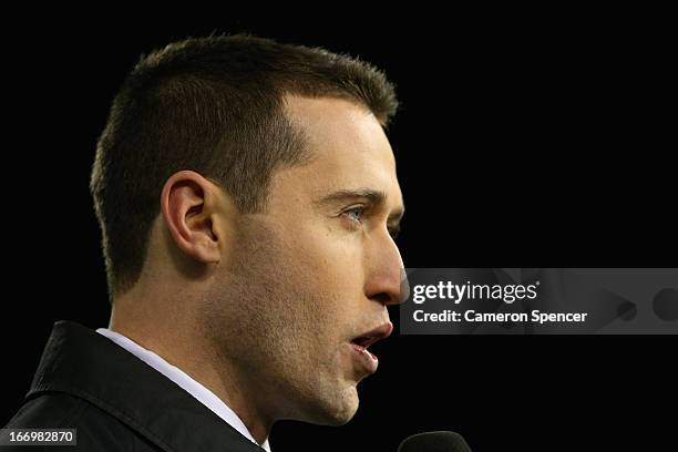 Betting Agent Tom Waterhouse talks during the ANZAC Test match between the Australian Kangaroos and the New Zealand Kiwis at Canberra Stadium on...