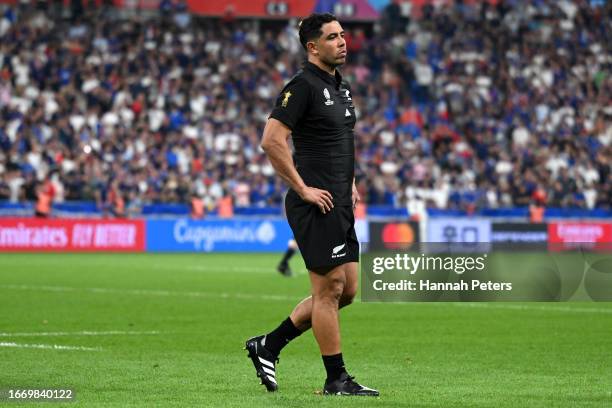 Anton Lienert-Brown of the All Blacks walks off after losing the Rugby World Cup France 2023 match between France and New Zealand at Stade de France...