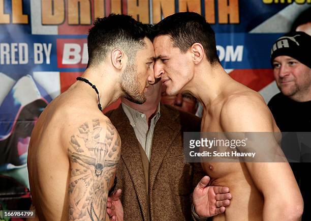 Nathan Cleverly with Robin Krasniqi during their Weigh-In prior to the WBO World Light Heaveyweight Title bout on April 19, 2013 in London, England.
