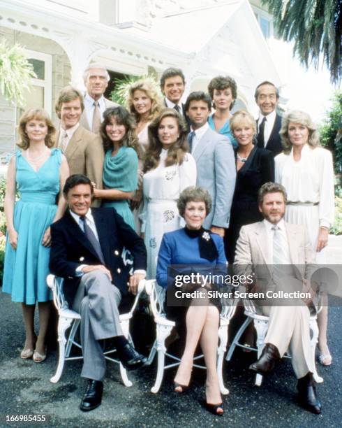 The cast of the American TV soap opera 'Falcon Crest', circa 1987. Back row, left to right: Margaret Ladd, William R. Moses, Mel Ferrer, Mariska...