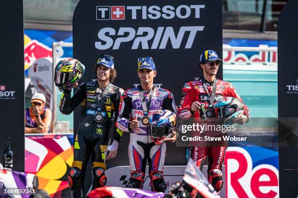 MotoGP Top-3 riders on the Sprint podium with Marco Bezzecchi of Italy and Mooney VR46 Racing Team , Jorge Martin of Spain and Prima Pramac Racing...