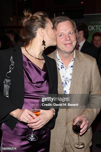 Cecilia Nilsson kisses husband Krister Henriksson after he made his West end debut in 'Doktor Glas' by Hjalmar Solderberg at Wyndhams Theatre on...