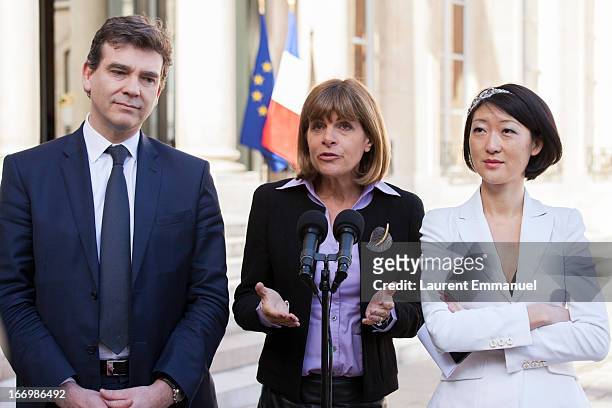 Newly-appointed head of the "Innovation 2030" commission for technology and industry, Anne Lauvergeon addresses reporters beside Junior Minister for...