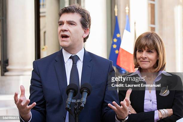 French Minister for Industrial Renewal and Food Industry Arnaud Montebourg , addresses reporters beside newly-appointed head of the "Innovation 2030"...