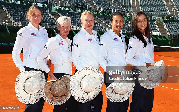 Johanna Konta, Judy Murray, captain of Great Britain, Elena Baltacha, Anne Keothavong and Laura Robson of Great Britain pose for a photo during...