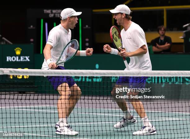 Harri Heliovaara and Patrick Kaukovalta of Team Finland celebrate after defeating Austin Krajicek and Rajeev Ram of the United States on the 2023...