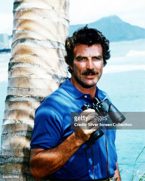 American actor Tom Selleck as he appears in the TV series 'Magnum P.I.', circa 1985.