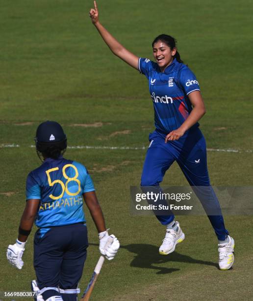 England bowler Mahika Gaur celebrates after taking the wicket of batter Chamari Athapaththu during the 1st Metro Bank ODI between England and Sri...