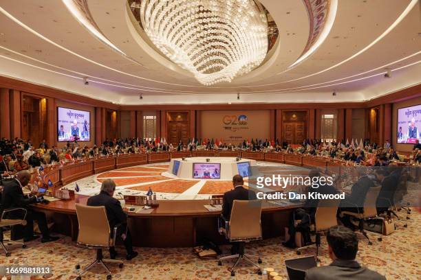 Prime Minister Narendra Modi of India welcomes leaders during opening session of the G20 Leaders' Summit on September 9, 2023 in New Delhi, Delhi....