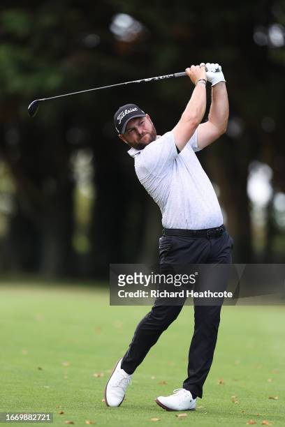 Jordan Smith of England plays his second shot on the 10th hole during Day Three of the Horizon Irish Open at The K Club on September 09, 2023 in...