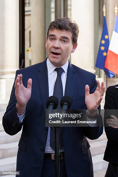 French Minister for Industrial Renewal and Food Industry Arnaud Montebourg addresses reporters following his meeting with French President Francois...