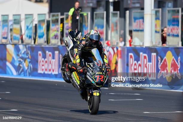 Marco Bezzecchi of Italy and Mooney VR46 Racing Team celebrates the second place during the Sprint Race of MotoGP Of San Marino at Misano World...