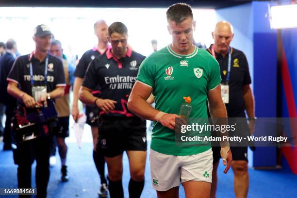 Johnny Sexton of Ireland walks down the tunnel at half-time during the Rugby World Cup France 2023 match between Ireland and Romania at Nouveau Stade...